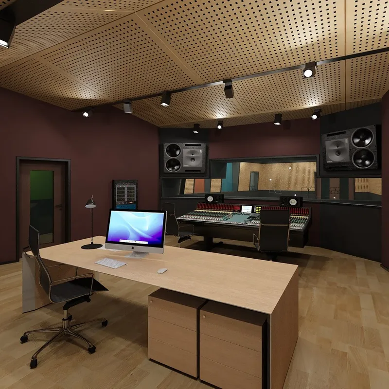 3D design studio with large displays showing detailed bathroom floor plans, material selections and lighting previews