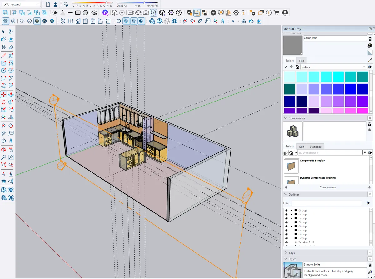 3D bathroom and kitchen design dashboard showing material selection, lighting simulation and floor plan layouts