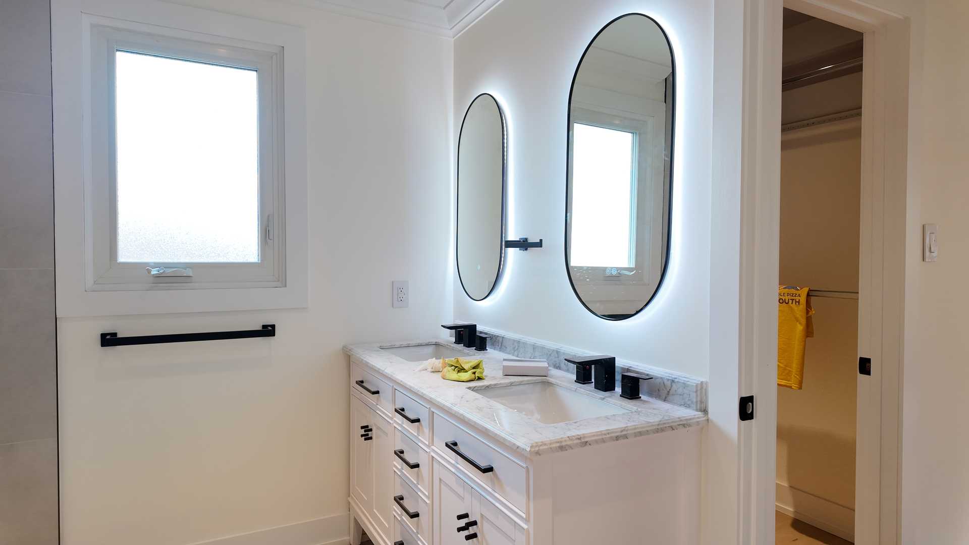 Floating vanity with white MDF tower, 24"*48" beige gray tile,