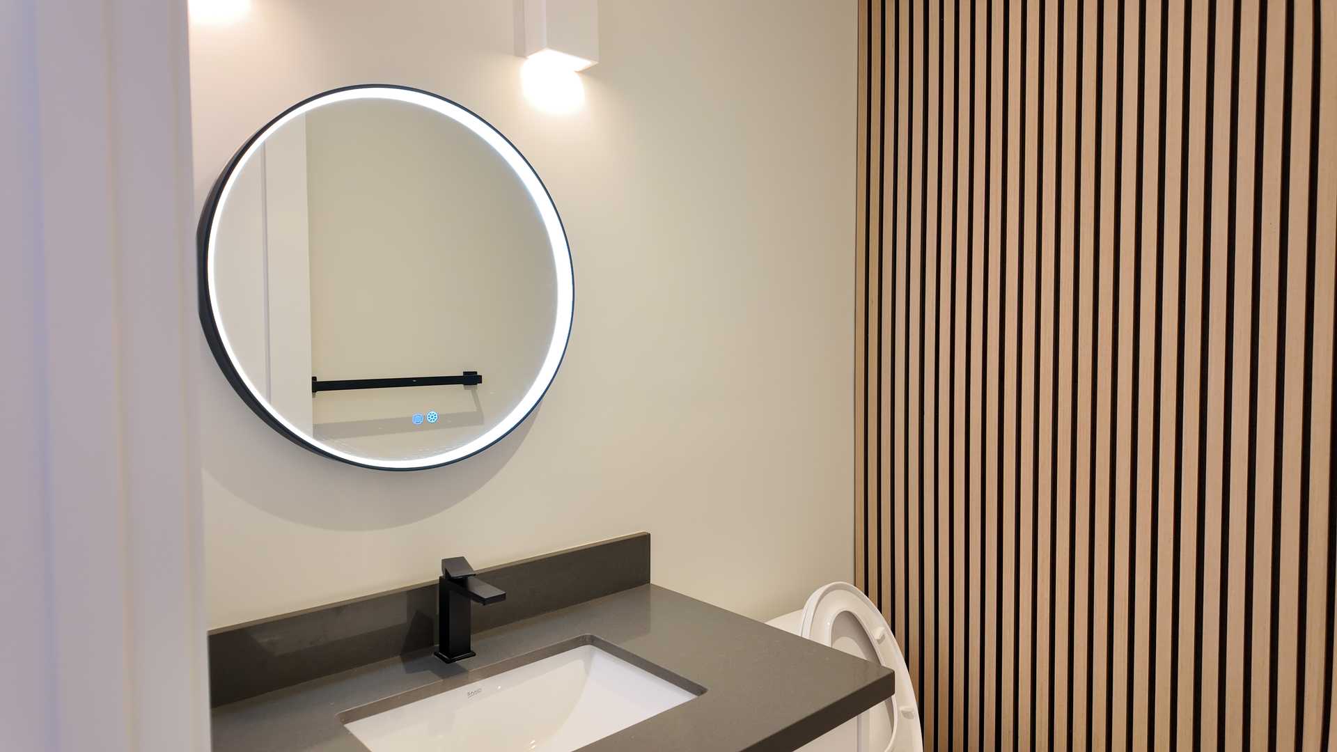 Floating vanity with white MDF tower, 24"*48" beige gray tile, - Image 7