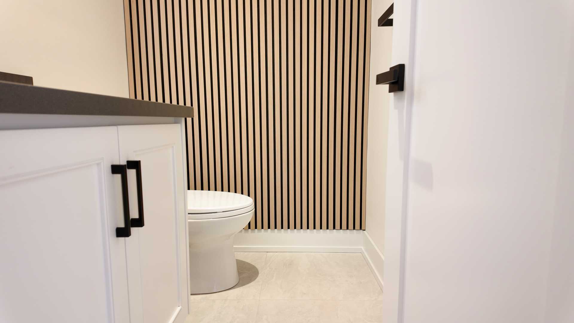 Floating vanity with white MDF tower, 24"*48" beige gray tile, - Image 8