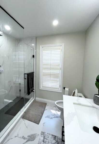 White design bathroom, Track Shape Mirror, Stand alone bathtub.