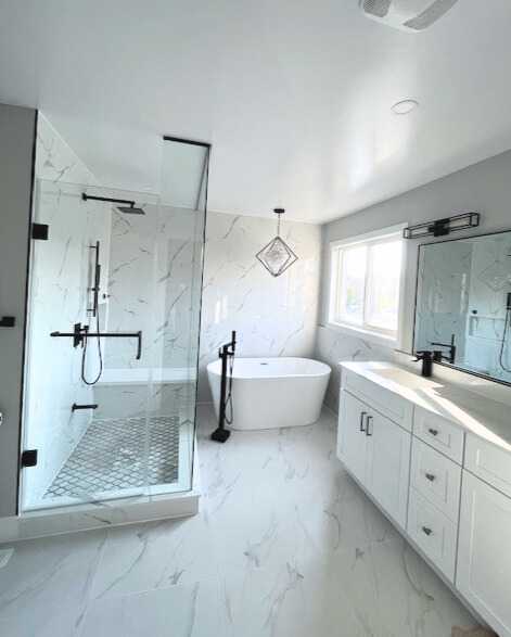 White design bathroom, Track Shape Mirror, Stand alone bathtub. - Image 3