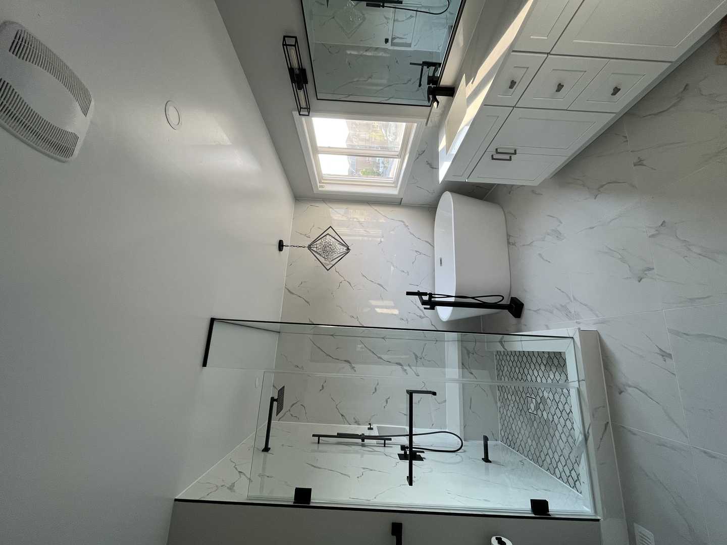 White design bathroom, Track Shape Mirror, Stand alone bathtub. - Image 4