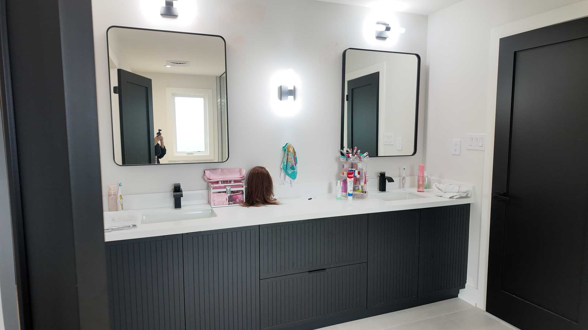 4 bathroom-fluted custom black vanity for share bathroom, avocado green - Image 5