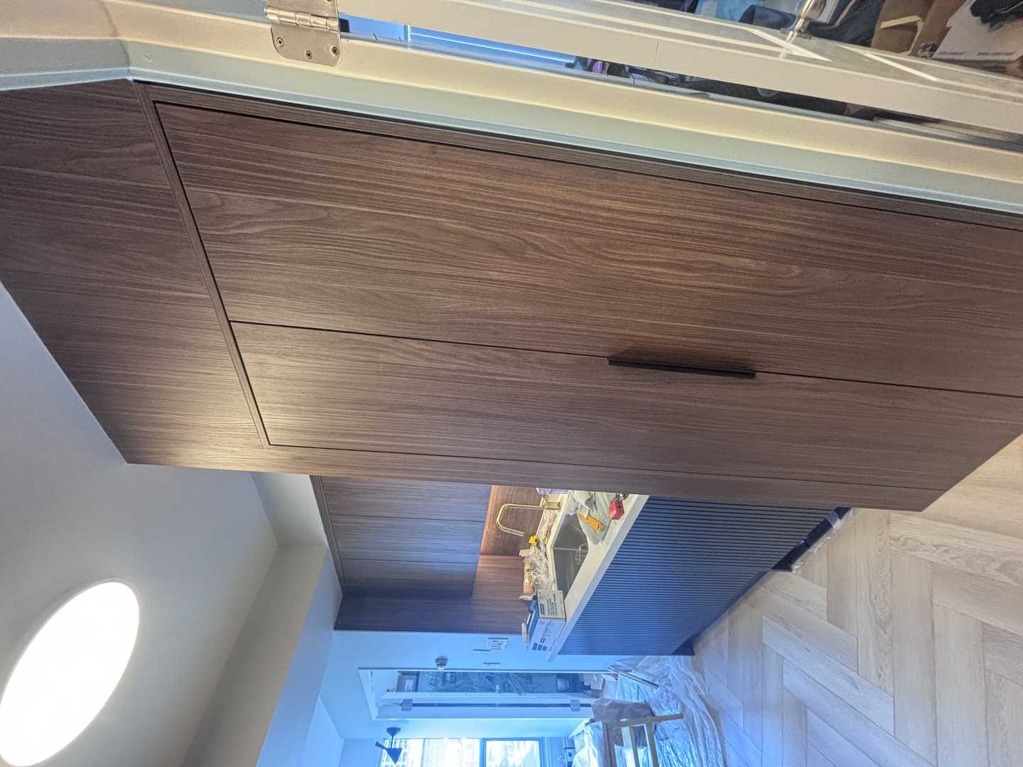walnut wood panel with navy blue fluted kitchen, herringbone oak - Image 4