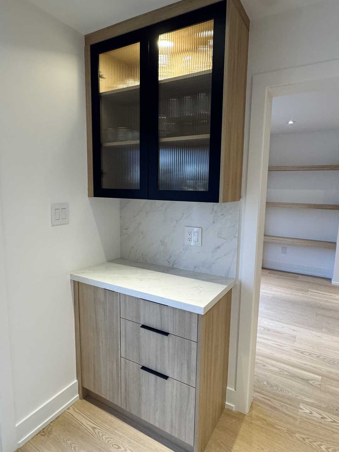 L shape kitchen-Wood panel cabinet with black fluted coffee bar, - Image 5