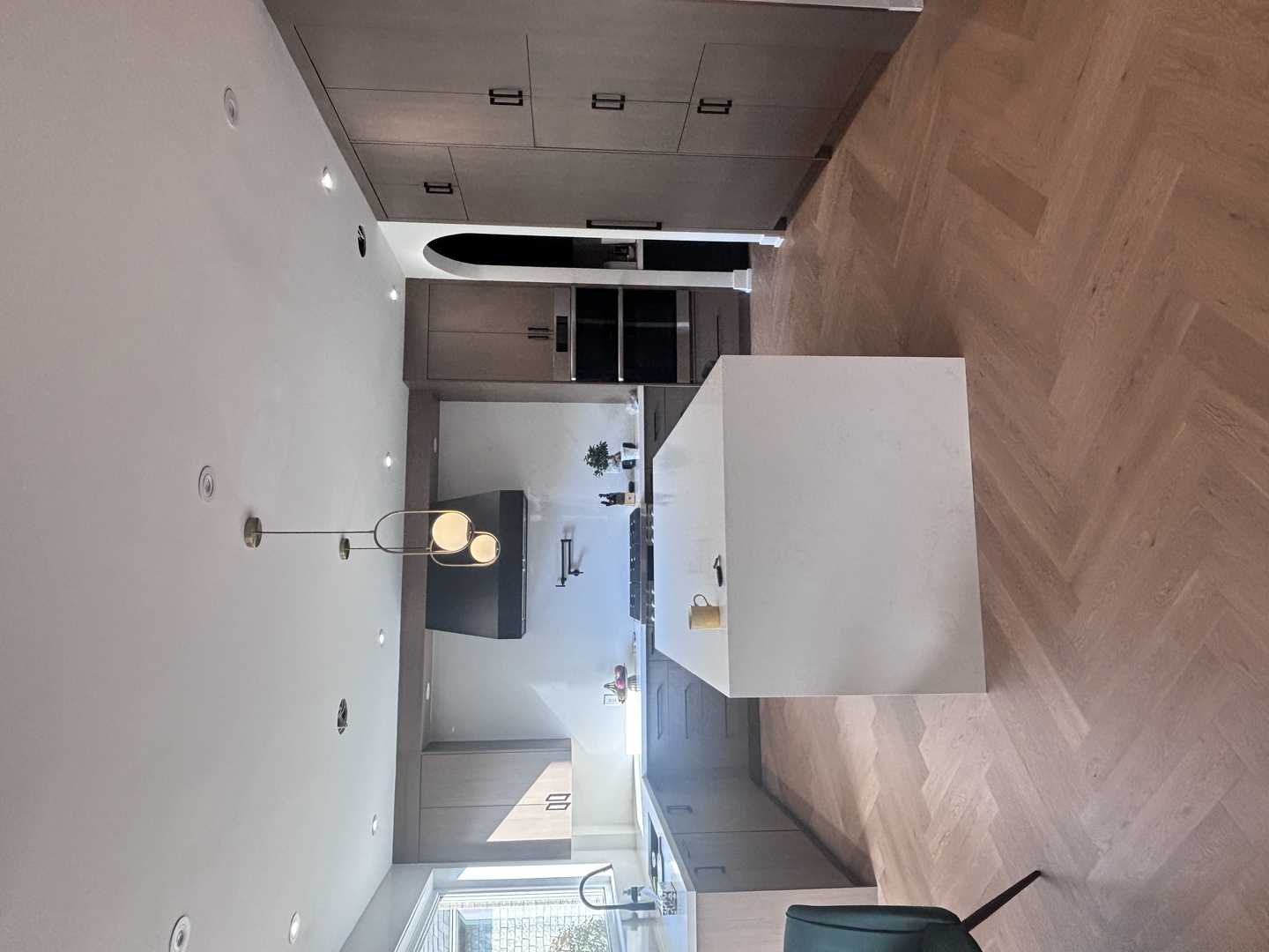 Veneer stain with black mdf spray painting hood, black island,