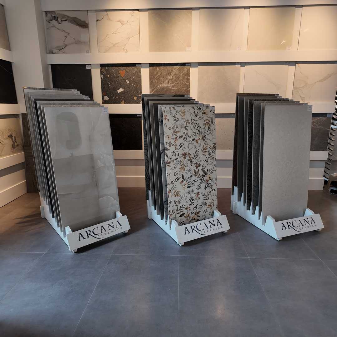 Tile collection wall featuring porcelain, subway tiles, and mosaic options for bathroom and kitchen renovations